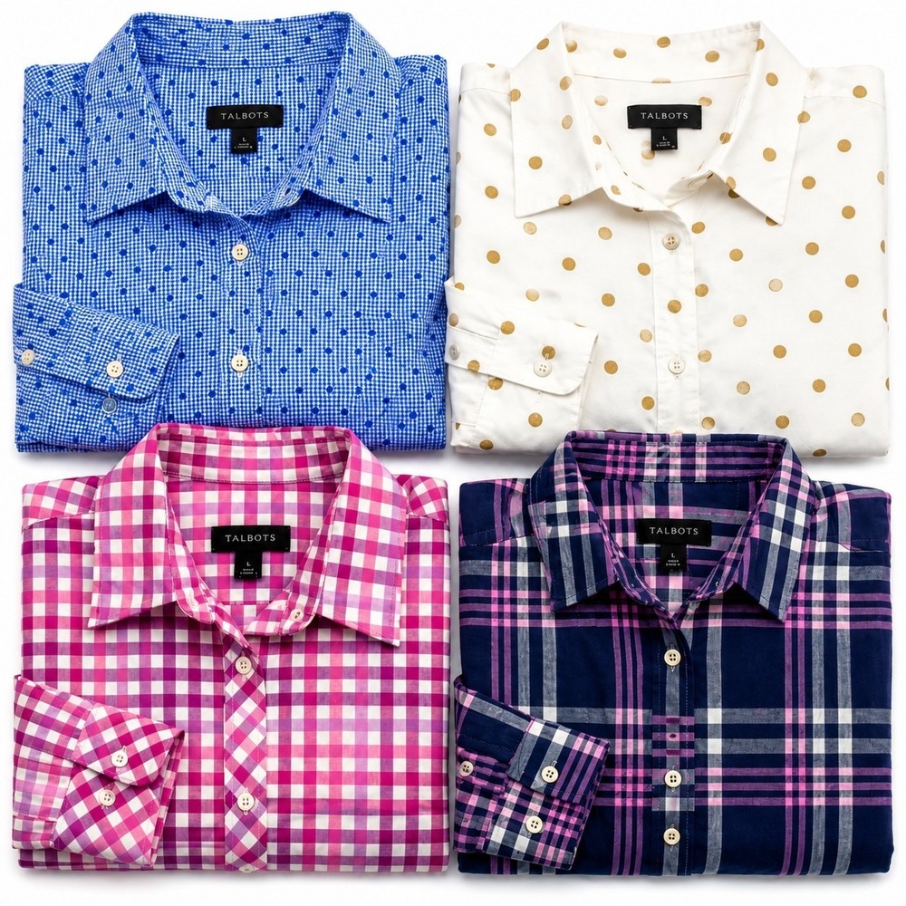 (×4) Talbots Button Up Shirt S 100% Cotton Plaid Polka Dot Preppy Office LOT 4